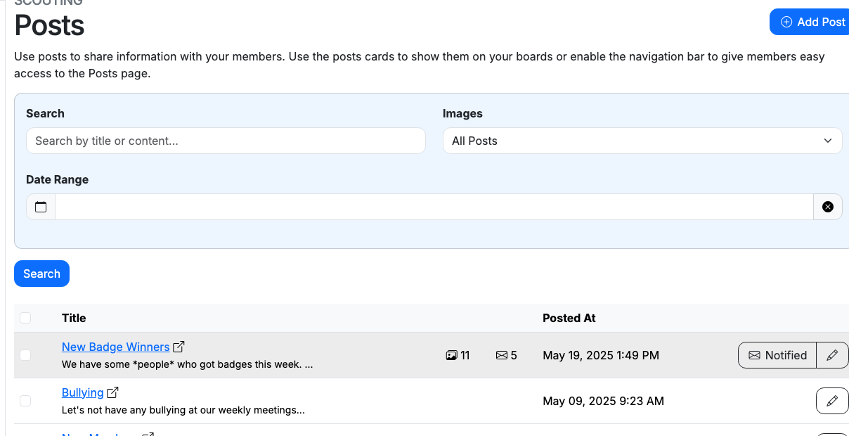 Posts list in the admin